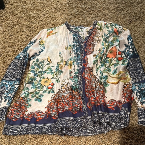 Johnny Was Cream Pleated Long Sleeve Blouse - Picture 1 of 5